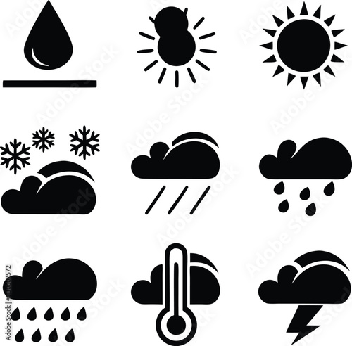 Weather Icons Sun, Rain, Snow, Clouds, Temperature, Forecast Symbols