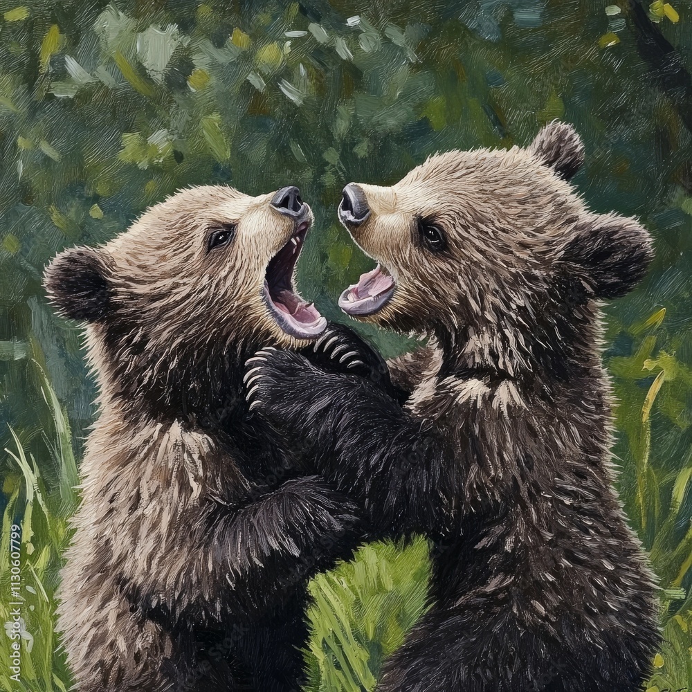 Obraz premium Cubs play rough on grass.