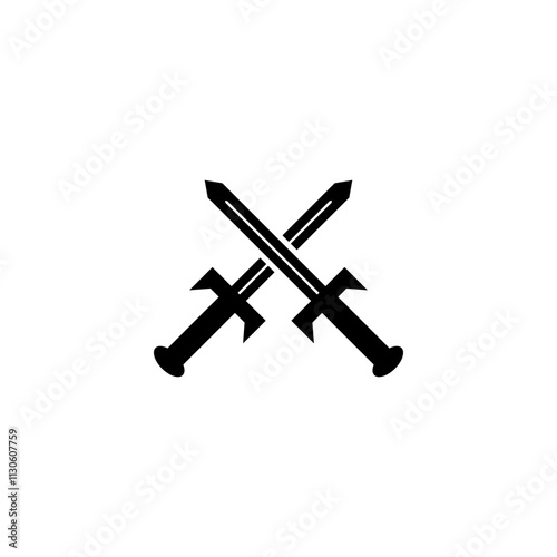 A minimalistic black vector icon of crossed swords, symbolizing medieval duels, chivalry, and the power of knights, warriors, and barbarians in antique battles.