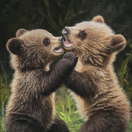 Bear cubs tussle on grass.