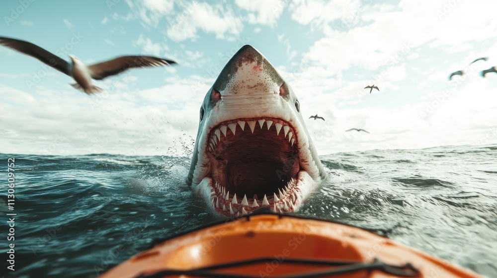 Fototapeta premium Great White Shark Attacking Kayak Ocean Wildlife Birds Danger