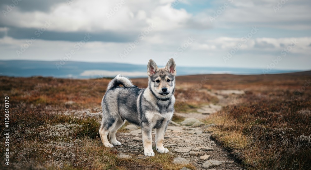 Naklejka premium Adorable young wolf-like dog in scenic mountain terrain