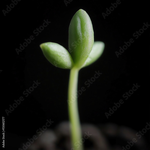 A vibrant green plant sprouting in rich black soil, symbolizing growth and new beginnings. The minimalistic background highlights the concept of renewal and nature. photo