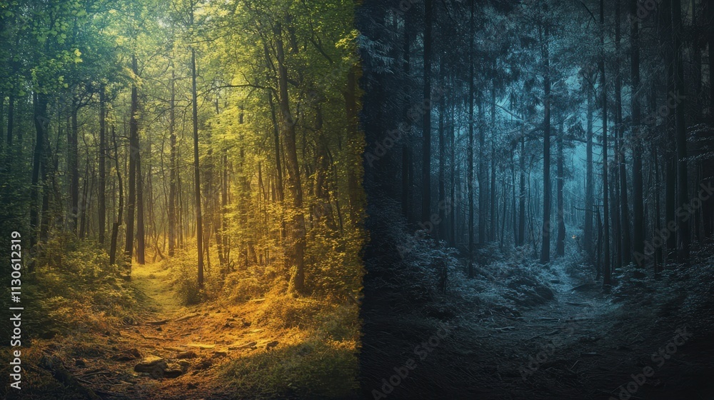 Fototapeta premium Dual Forest Path: Sunlit and Shadowed Woods - Dreamy Nature Split