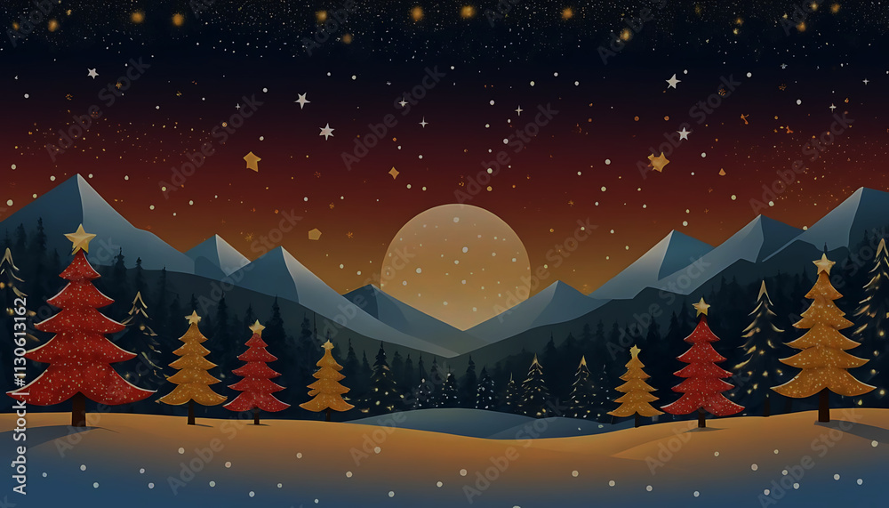 Naklejka premium Winter Night Sky With Full Moon Over Snowy Mountains And Trees
