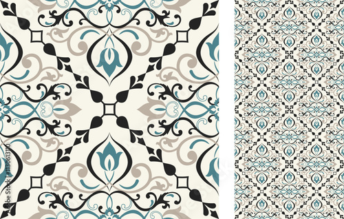 Ceramic tiles. Seamless colorful patchwork. Traditional ornate Portuguese and Spanish decorative tiles azulejos. Abstract background. Azulejos tiles patchwork. Hand drawn background. Vector