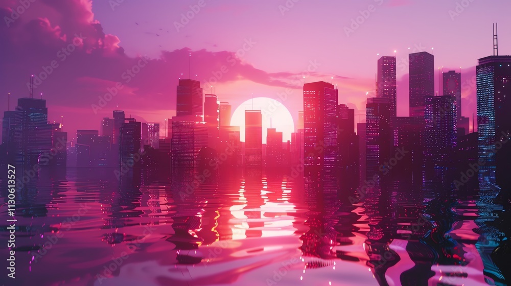 Fototapeta premium A digital art illustration of a futuristic cityscape at sunset.