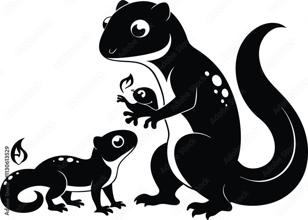 Fototapeta premium Cute Black & White Cartoon Salamander Family Illustration: Newt Mother with Babies, Vector Art for Children's Design, Nature Graphic