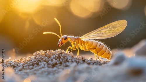 Winged termite in golden sunlight on sand. photo