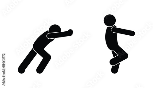 stick figure man icon, stickman pushing and pulling, isolated human silhouette, people set on transparent background