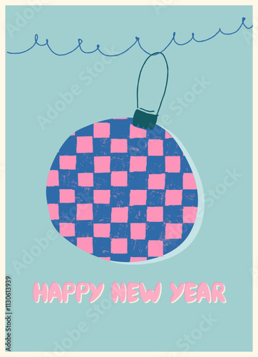 Vintage card Happy New Year with Traditional Christmas and New Year symbols and decorations for festive projects, invitations, wall posters, social media and for home, crafts and goods