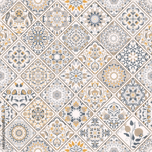 Ceramic tiles. Seamless colorful patchwork. Traditional ornate Portuguese and Spanish decorative tiles azulejos. Abstract background. Azulejos tiles patchwork. Hand drawn background. Vector
