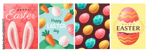 Happy Easter greeting card set. Posters in plasticine style with bunny ears, carrots and Easter eggs. Design for holiday celebration. Cartoon 3D vector illustration collection isolated on background