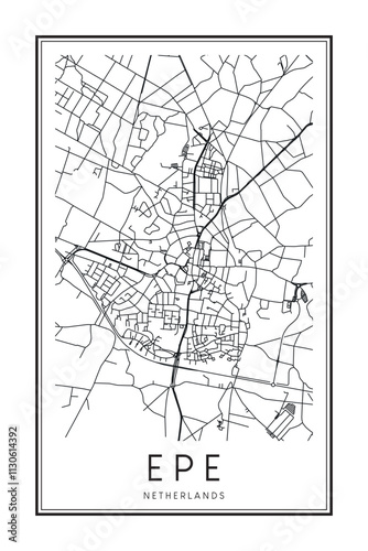 Printable downtown road map poster of the Dutch city of EPE on solid white background with city name