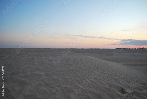 A serene desert landscape at dusk, featuring soft sand dunes under a pastel-colored sky. The gentle hues of the horizon and the undisturbed terrain create a tranquil and minimalist scene. photo