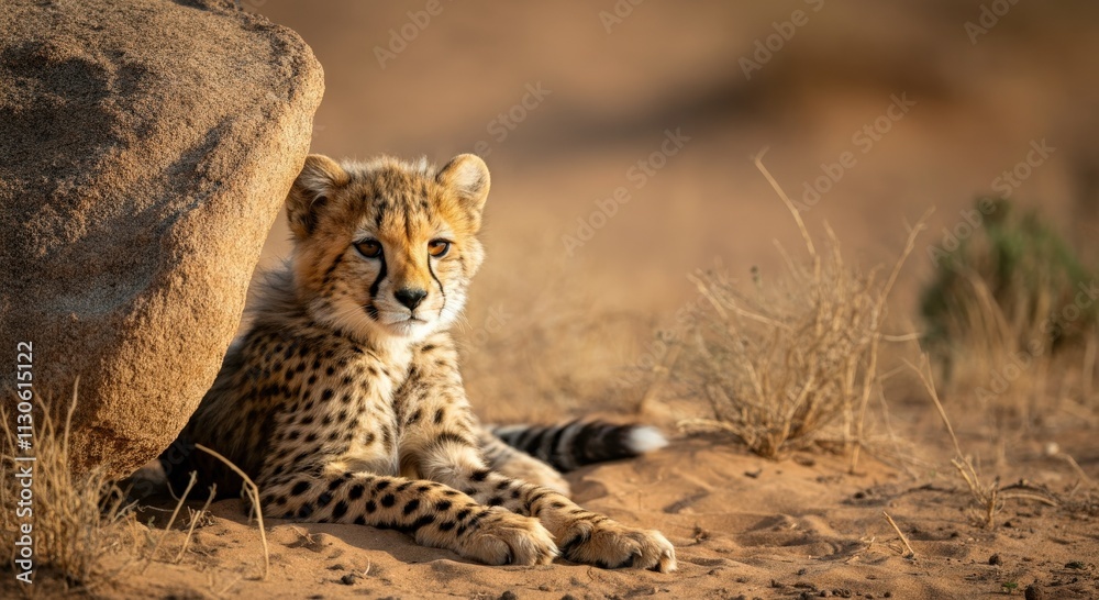 Obraz premium Young cheetah resting in sunlit african desert landscape