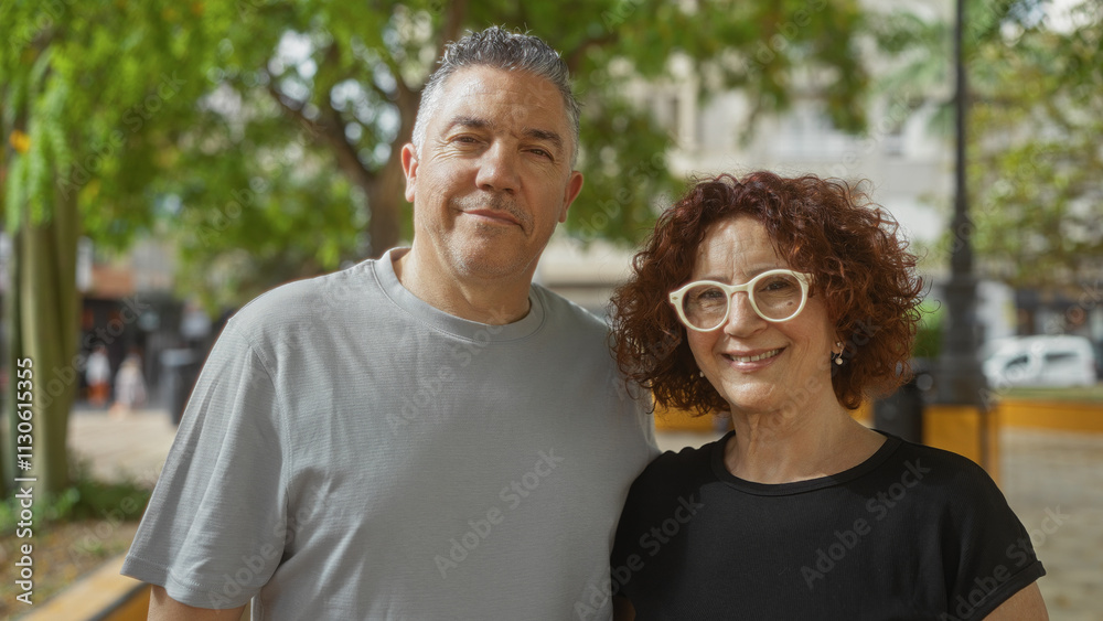 Obraz premium Middle-aged couple smiling together outdoors in a sunny urban park with lush greenery in the background.