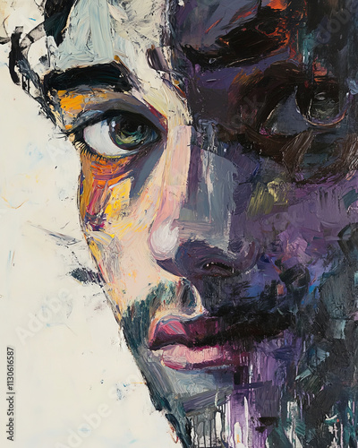 Abstract colorful acrylic painting of a face, textured strokes with dominant purple, white, and yellow tones photo