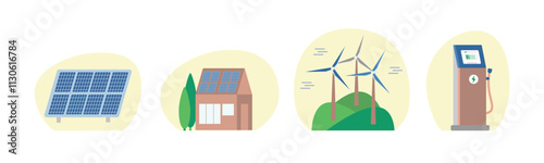 Solar panel, solar photovoltaic panels on modern house, ev station, wind turbine. Green energy set. Vector on isolated white background.