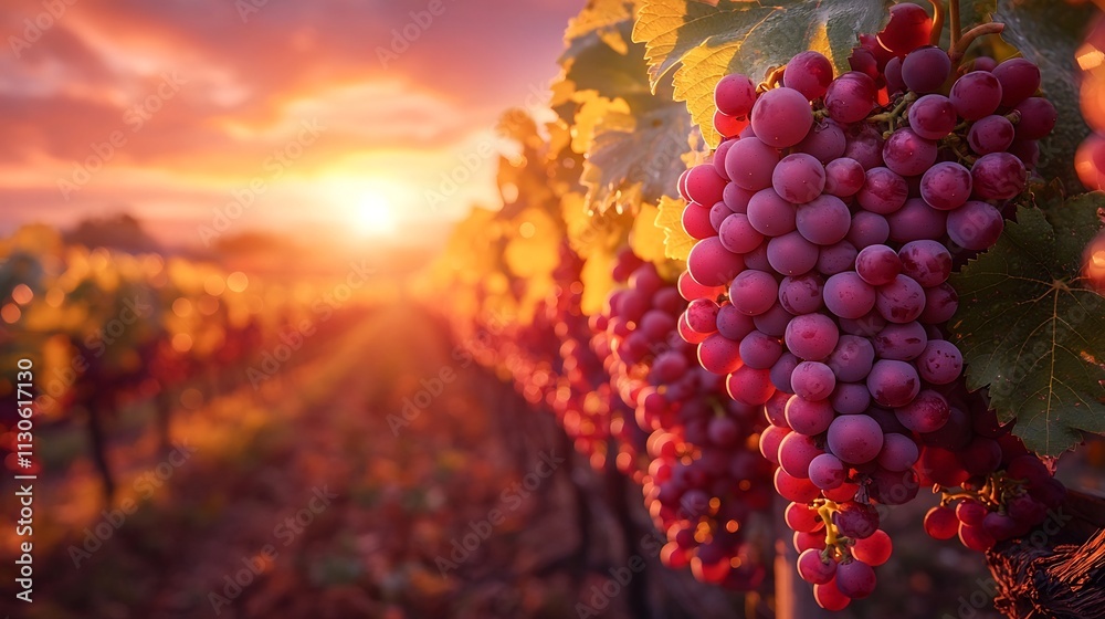 Fototapeta premium Vibrant Vineyard Sunrise with Glowing Rows of Grapes and Lifting Mist in Peaceful Countryside
