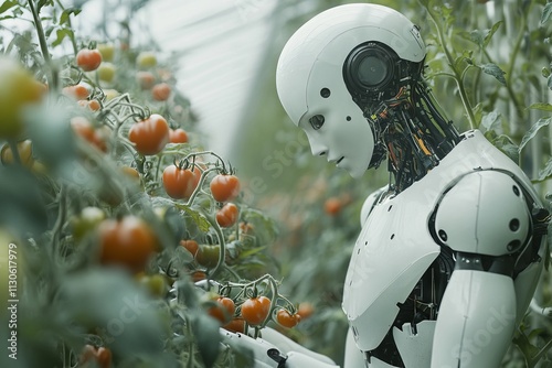 Humanoid Robot Harvesting Tomatoes in Greenhouse. AI generated illustration