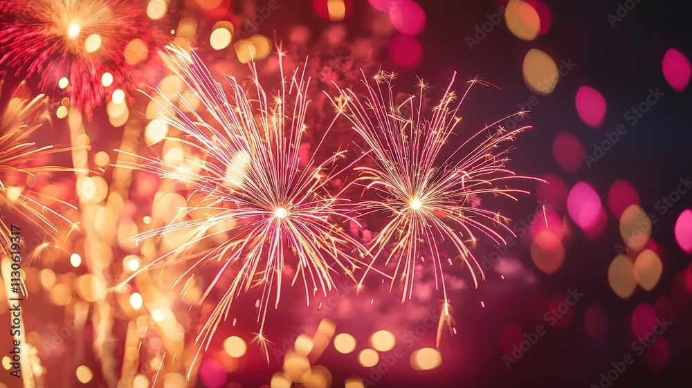 Obraz premium Celebrate the New Year with Fireworks and Anticipation concept. Colorful fireworks display at night