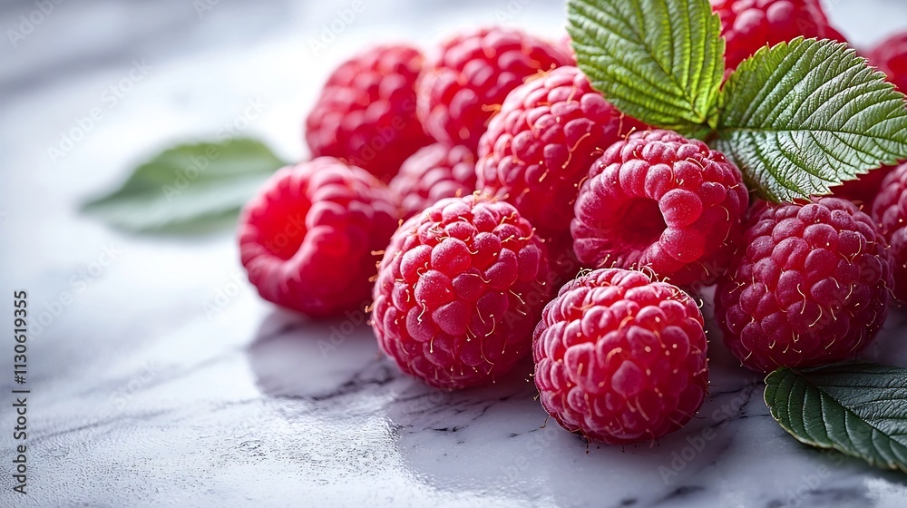 Luscious Red Raspberries on Pristine Marble Surface with Leafy Accents Luscious Red Raspberries on Pristine Marble Surface with Leafy Accents