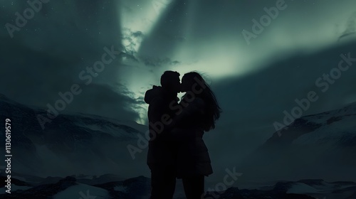A silhouette of two lovers kissing under the northern lights, their bodies glowing in deep blue hues against an icy landscape