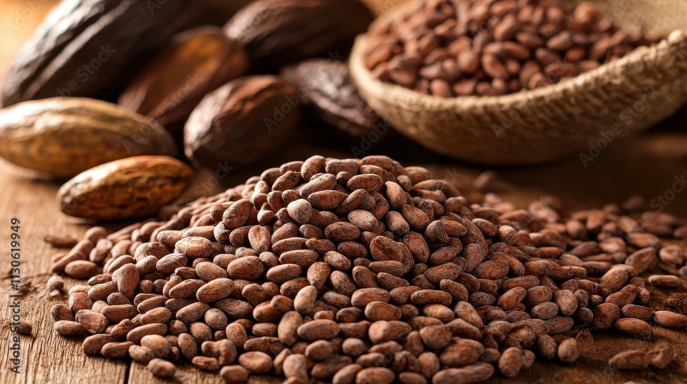Fototapeta premium Aromatic Cacao Beans: A Close-Up View of Roasted Cacao Seeds, Ready for Chocolate Making