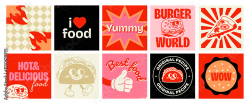 Retro Fast food posters. Set of Vintage Groovy Covers with Burger, Pizza and Burrito Characters. Funky 70s style branding patches for cafes. Flat vector illustration collection isolated on background photo