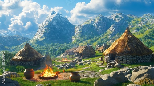 Stone Age Tribal Village with Thatched Roofs and Rocky Mountains - Cinematic Style. AI generated illustration