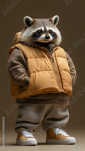 Fashionable raccoon wearing stylish hoodie in studio setting animal portrait inspired by urban culture