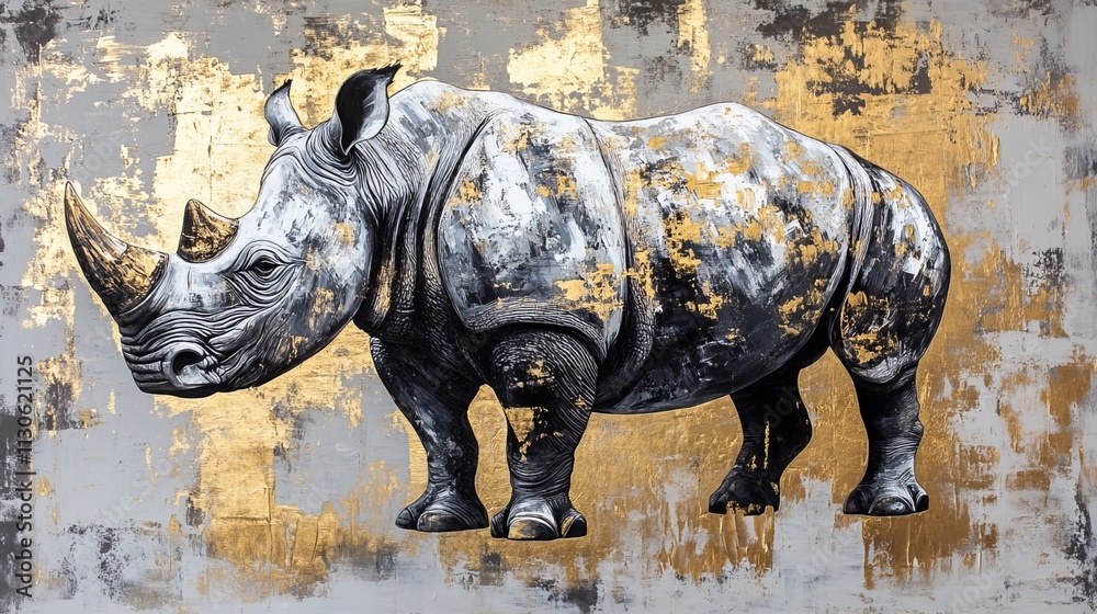 Fototapeta premium Abstract rhino painting on oriental-style gray and gold canvas. Modern animal art for home decor or interior design. 