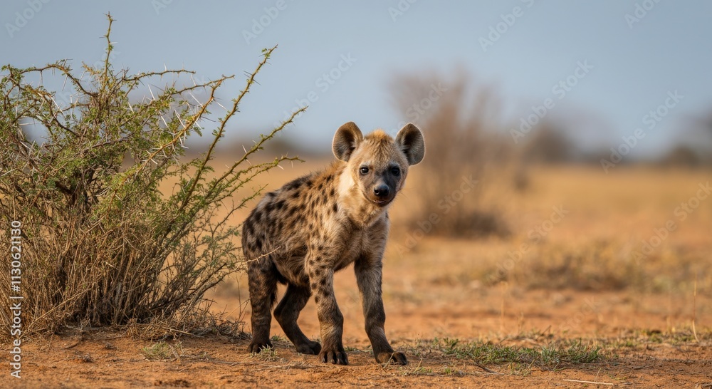Obraz premium Young spotted hyena exploring the african savanna