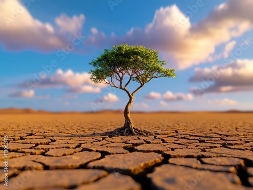 A solitary tree stands resilient in a parched landscape, showcasing nature's endurance amidst cracked earth and a vibrant sky.