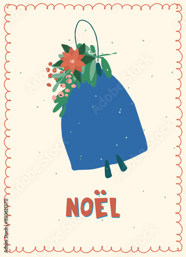 Vintage card with Noel hand lettering in French with Traditional Christmas symbols and decorations for festive projects, invitations, wall posters, social media and for home, crafts and goods