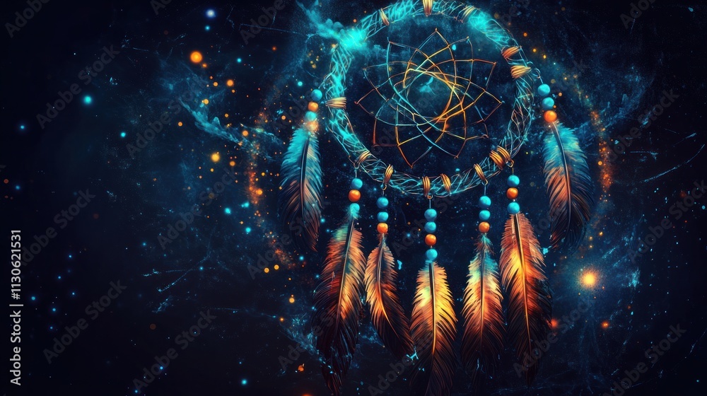 Fototapeta premium Cosmic dreamcatcher with feathers and beads against a dark, starry background.