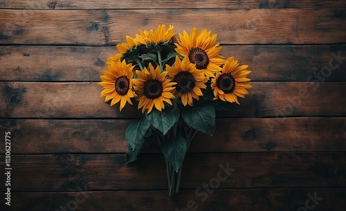 Sunflower Bouquet on Rustic Wooden Background. AI generated illustration