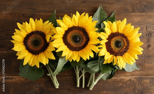 Sunflower Bouquet on Rustic Wooden Background. AI generated illustration