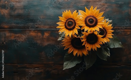 Sunflower Bouquet on Rustic Wooden Background. AI generated illustration