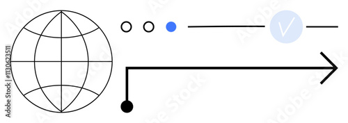 Globe with progress dots, magnifying glass checking off task. Ideal for project management, global communication, progress tracking, workflow, analytics, task completion and goal setting. Line photo