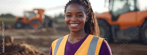 A female construction worker smiling in front of an open field with tractors