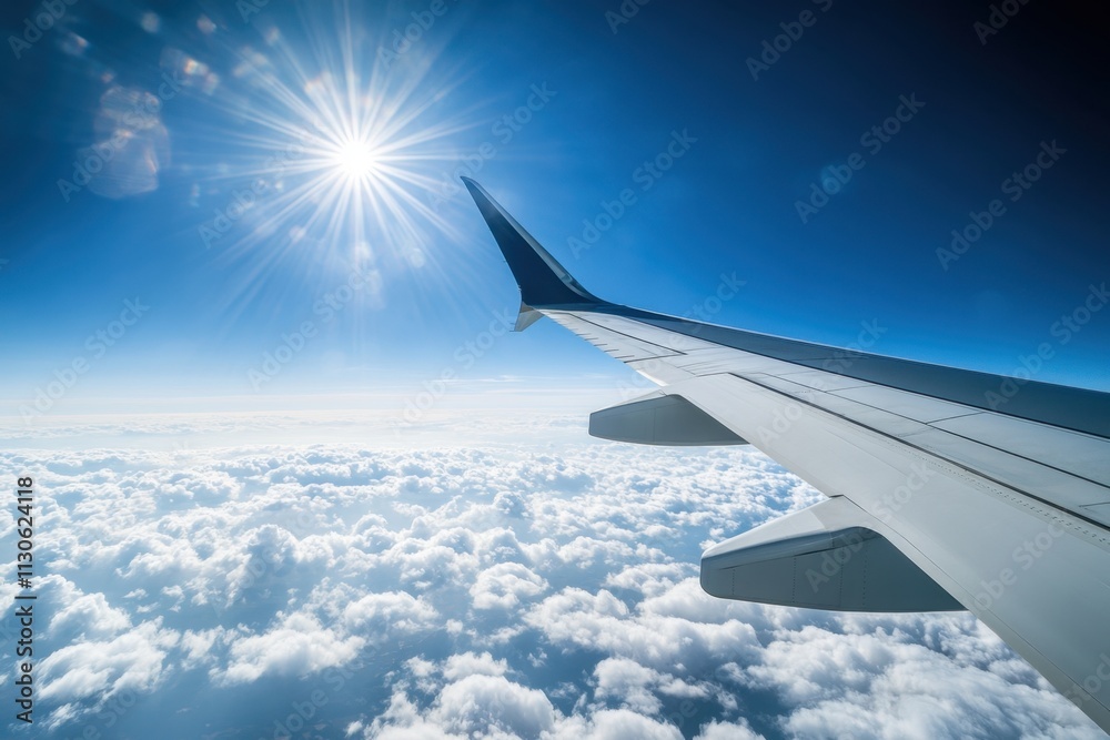 Fototapeta premium Breathtaking airplane wing view from a passenger seat above the clouds in bright blue sky capturing the essence of travel and adventure in the open sky
