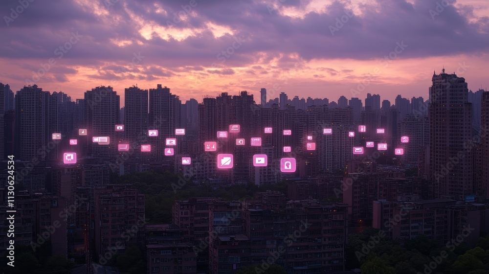 Fototapeta premium Digital cloud with service icons over urban skyline, representing online services, smart cities, and the impact of technology on modern society.