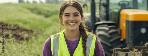 A female construction worker smiling in front of an open field with tractors