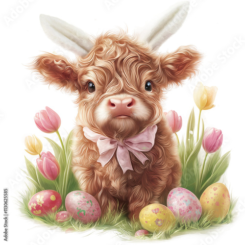 Highland Cow with Bunny Rabbits Ears - Generative AI
