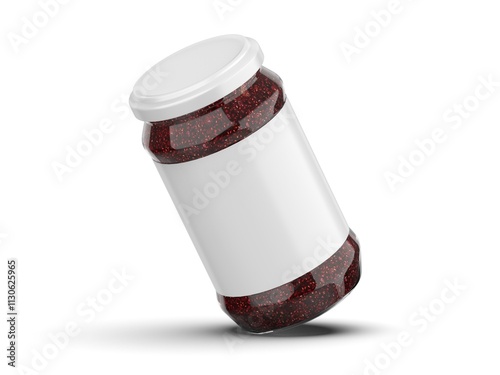 Fig jam package design, glass jar mockup with label in 3d illustration isolated on white background.