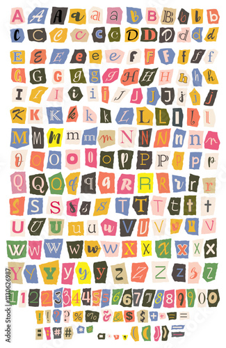 Ransom cut out color letters. Ransom note collage with different letters, numbers and punctuation marks of English alphabet. Font of criminal anonymous letters. Flat vector illustration collection