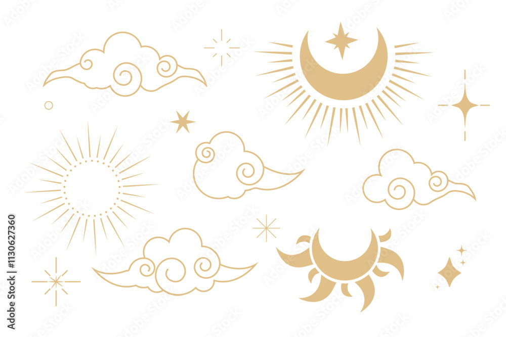 Fototapeta premium Celestial set witch spiritual decoration with asian clouds moon, sun burst and stars. line astrology pattern, minimal geometric background.
