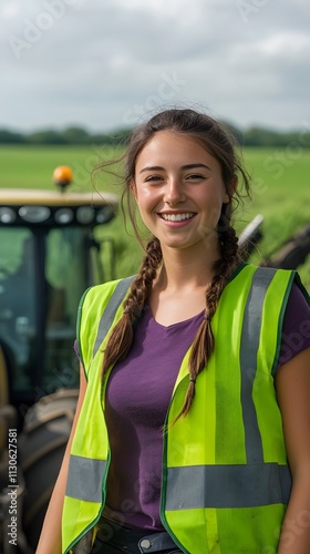 A female construction worker smiling in front of an open field with tractors